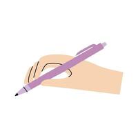 Hand with pen in flat hand drawn style. Modern vector illustration perfect for art item or stationery shop decoration