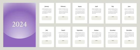 Simple corporate desk calendar 2024 with with notes. Week start on Sunday. Set of 12 months. Template for A4 A3 A5 size vector