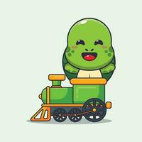 Cute turtle ride on train cartoon vector illustration.