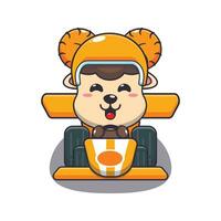 Cute ram sheep riding race car cartoon vector illustration.