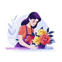 AI generated Minimalist UI illustration of a florist arranging a bouquet in a flat illustration style on a white background photo
