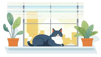 AI generated Relaxed Cat Lounging on Windowsill Minimalist Flat Design Illustration photo