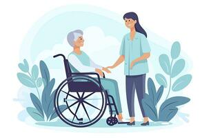 ai generado ui ilustración compasivo enfermero ayudando paciente en silla de ruedas foto