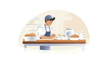 AI generated Minimalist UI illustration of a baker making artisan bread in a flat illustration style on a white background photo