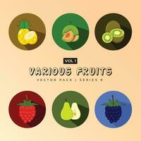 Set of colorful cartoon fruit icons like apple pear peach banana grapes kiwi lemon pineapple vector