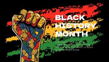 Black History Month abstract graphic banner. African American rights and culture celebrating. Modern creative placard. Fist in red yellow green flag colors. Africa and afro pattern art vector design