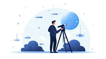 AI generated Minimalist UI illustration of an astronomer gazing through a telescope in a flat illustration style on a white background. photo