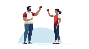 AI generated Minimalist UI illustration of a personal trainer coaching a client in a flat illustration style on a white background photo