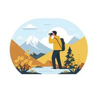 AI generated Minimalist UI illustration of a photographer taking a landscape photo in a flat illustration style on a white background