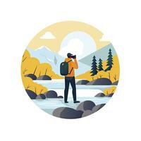 AI generated Minimalist UI illustration of a photographer taking a landscape photo in a flat illustration style on a white background