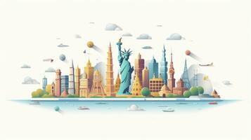 AI generated Stylized World Map with Iconic Landmarks Minimalist Flat Design Illustration photo