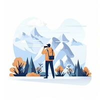 AI generated Minimalist UI illustration of a photographer taking a landscape photo in a flat illustration style on a white background