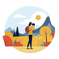 AI generated Minimalist UI illustration of a photographer taking a landscape photo in a flat illustration style on a white background