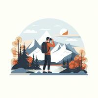 AI generated Minimalist UI illustration of a photographer taking a landscape photo in a flat illustration style on a white background