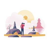 AI generated Minimalist UI illustration of a photographer taking a landscape photo in a flat illustration style on a white background