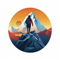 AI generated Triumphant Mountaineer at Summit, Minimalist Flat Design Illustration on White photo