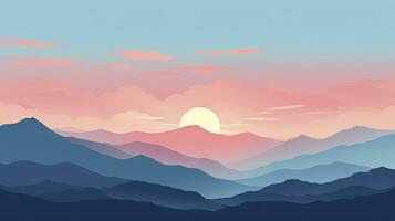 ai generado sereno montaña paisaje a amanecer minimalista ui, plano ilustración estilo foto