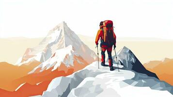 AI generated Triumphant Mountaineer at Summit, Minimalist Flat Design Illustration on White photo