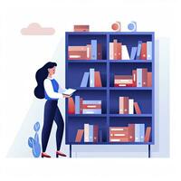 AI generated Minimalist UI illustration of a librarian shelving books in a flat illustration style on a white background photo