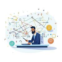 AI generated Minimalist UI illustration of a mathematician solving complex equations in a flat illustration style on a white background. photo