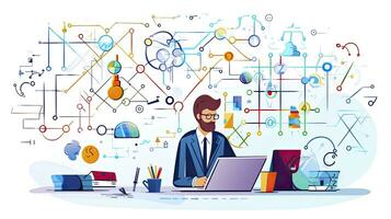 AI generated Minimalist UI illustration of a mathematician solving complex equations in a flat illustration style on a white background. photo