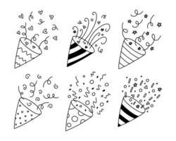 Confetti Popper Set for Party. Collection Isolated confetti, explosion, firecracker, celebration in doodle style. Vector illustration.