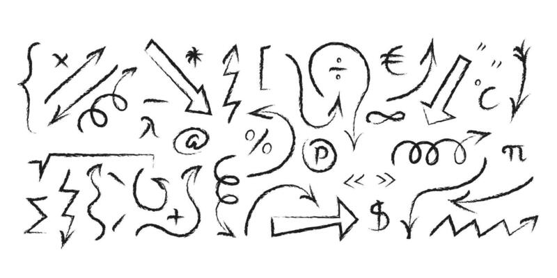 Group of charcoal arrows. Hand drawn arrows, punctuation marks, mathematical symbols. Doodle vector illustration.