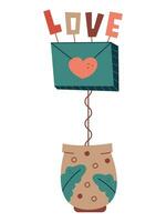 Envelope and a text for Valentine's Day in a pot. Flat color vector illustration.