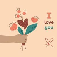 enamorado tarjeta para tu alma gemela con ramo de flores y texto. plano color vector ilustración adecuado para instagram.