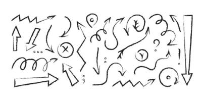 conjunto de carbón flechas mano dibujado flechas, puntuación marcas. garabatear vector ilustración.