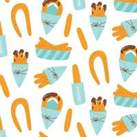 Seamless pattern with churros. Vector illustration in hand drawn flat style. Pattern with chocolate churros in a paper bag.