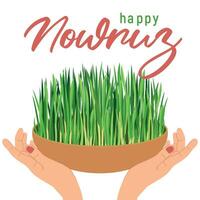 Postcard, congratulations on Navruz. Iranian religious holiday. March 21 is the celebration of the arrival of spring according to the astronomical solar calendar. Green grass is a symbol of life. vector