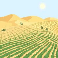 Turning the desert into a successful cattle farm. Equipped beds on the sand in arid climates. vector