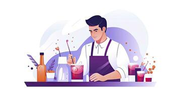 AI generated Minimalist UI illustration of a mixologist crafting cocktails in a flat illustration style on a white background. photo