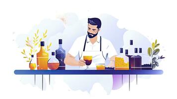 AI generated Minimalist UI illustration of a mixologist crafting cocktails in a flat illustration style on a white background. photo