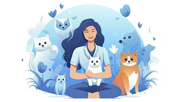 AI generated Minimalist UI illustration of a veterinarian caring for animals in a flat illustration style on a white background photo