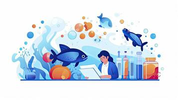 AI generated Minimalist UI illustration of a marine biologist studying ocean life in a flat illustration style on a white background. photo