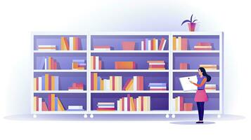 AI generated Minimalist UI illustration of a librarian shelving books in a flat illustration style on a white background photo