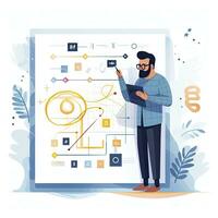 AI generated Minimalist UI illustration of a mathematician solving complex equations in a flat illustration style on a white background. photo