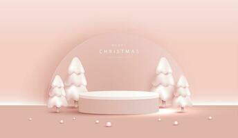 Podium shape for show cosmetic product display for christmas day or new years. stand product showcase on pink background with tree, ball and stars christmas. vector design.