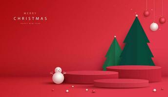 forma de podio para mostrar la exhibición de productos cosméticos para el día de navidad o año nuevo. escaparate de productos de pie sobre fondo rojo con árbol de navidad. diseño vectorial vector