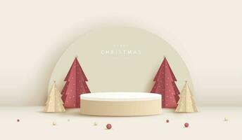 Podium shape for show cosmetic product display for christmas day or new years. Stand product showcase minimal on cream background with tree christmas. vector design.