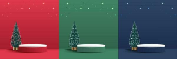 Set podium shape for show cosmetic product display for christmas day or new years. stand product showcase with tree, ball and stars christmas. vector design.