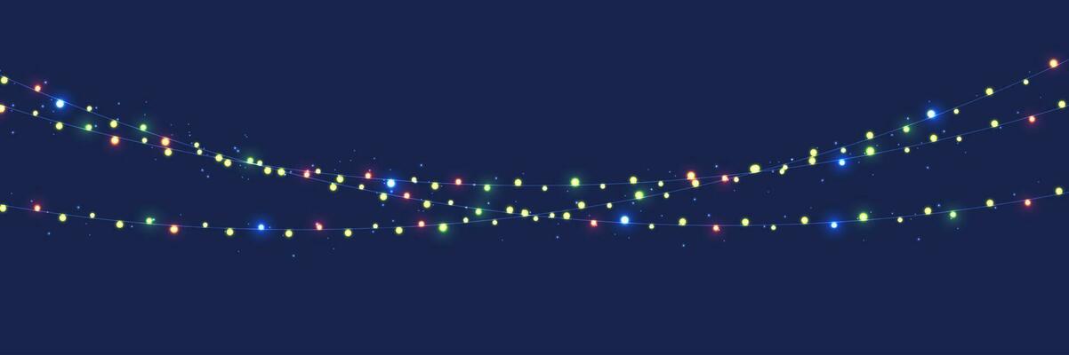 Christmas lights design elements. Glowing lights for christmas holiday on blue background. garlands, christmas party decorations. vector design.