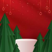 Podium shape for show cosmetic product display for christmas day or new years. Stand product showcase on red background with tree christmas. vector design.