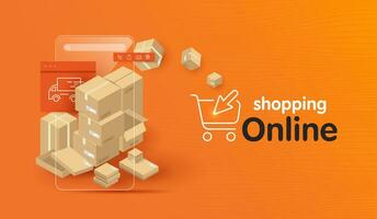 Parcel boxes and smartphones were floating above the ground. object on orange background for delivery and shopping online concept. advertising design. vector design.