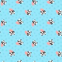 Seamless pattern with cute panda baby with heart on blue background. Funny asian animals. vector