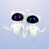 Two robot chat bots in 3D style.Girl and boy chat bots hold hands. Artificial intelligence and Modern technology concept.Tender feelings between robots.Technology and engineering.Vector vector