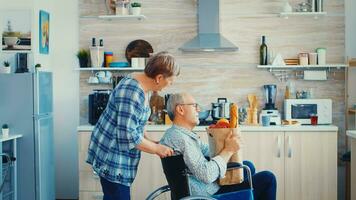 Senior woman taking grocery paper bag from handicapped husband in wheelchair. Mature people with fresh vegetables from market. Living with disabled person with walking disabilities photo