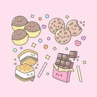 Vector Chocolate Bar Marshmallow Choco Ball Cookies Choco Chip with cute facial expressions and pastel colour